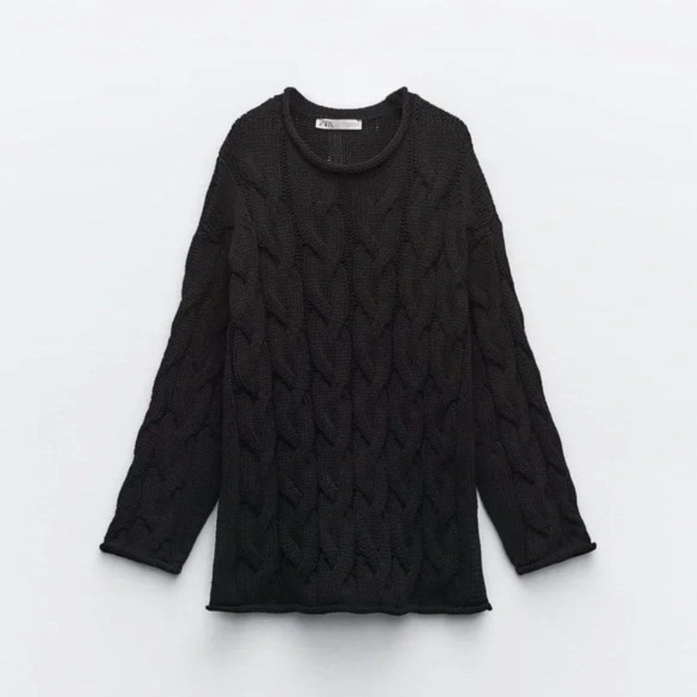 Zara Black Cotton Blend Vented Cable Knit Sweater. Size S